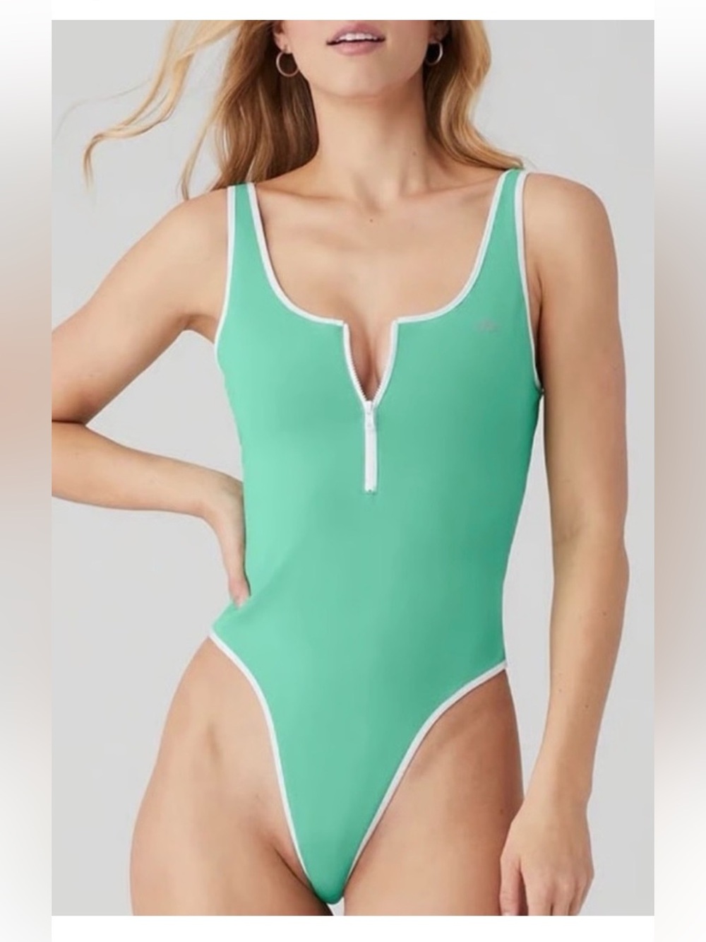 ALO Yoga Mint Green Zip-Front One-Piece with White Trim